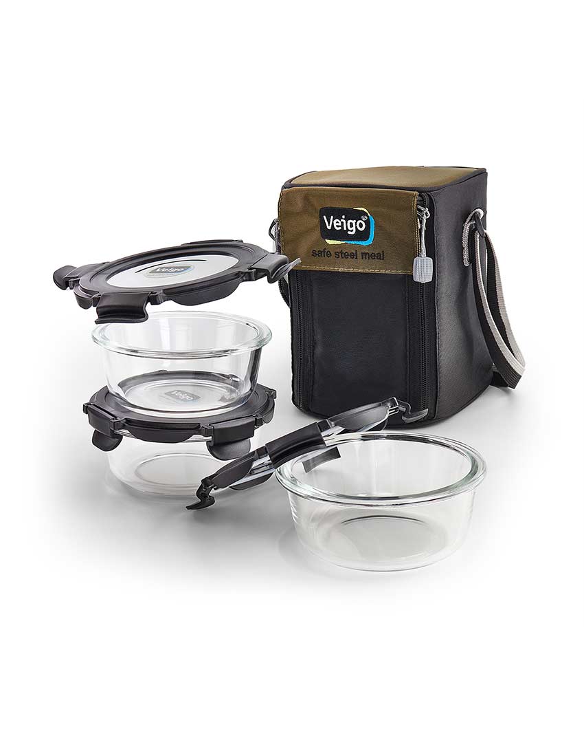 Classic Glass LunchBoss Round In Insulated Pouch | Set of 3 | 400 ML