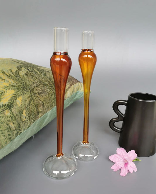 Amber Vintage Glass Candle Holders | Set Of 2