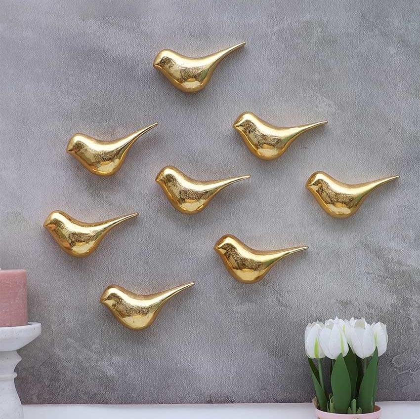 Elegant Golden Small Bird Wall Art | Set of 8 | 5 x 3 inches