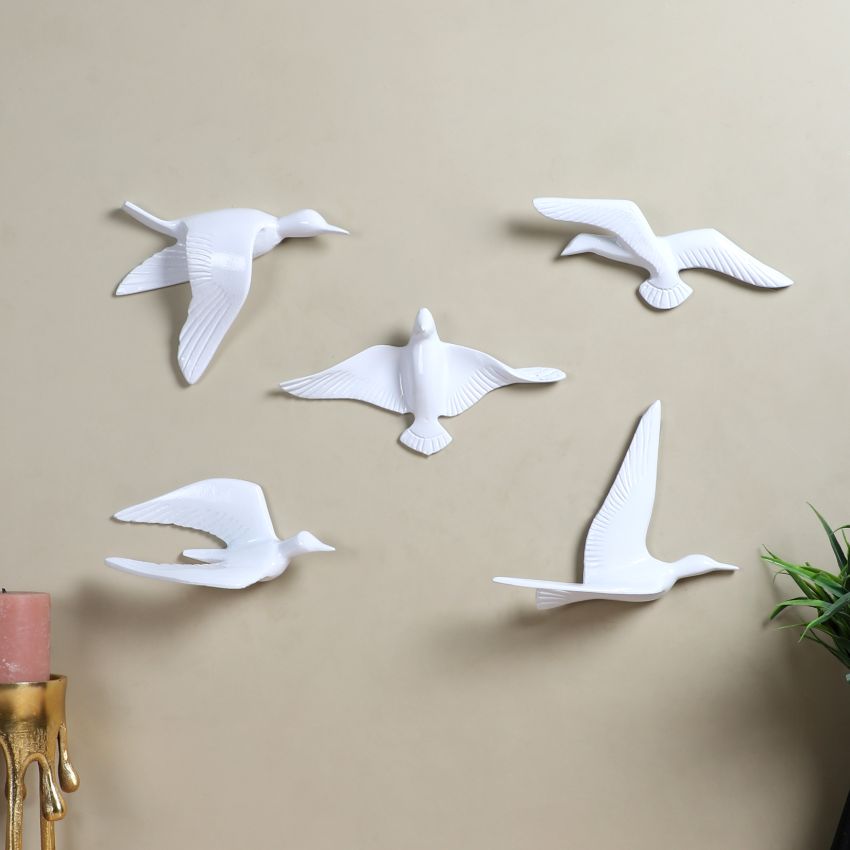 Exclusive Design White Birds Wall Decor | Set of 5 | 7 x 2 inches