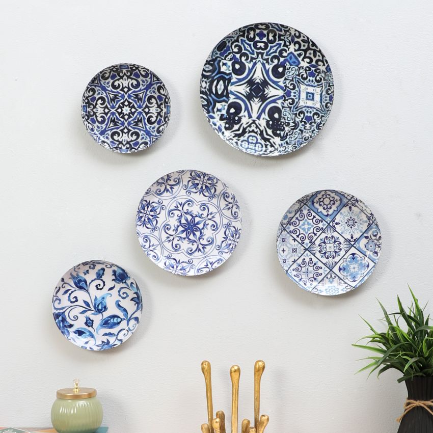 Abstract Meena Design Blue and White Wall Art Plates | Set of 5