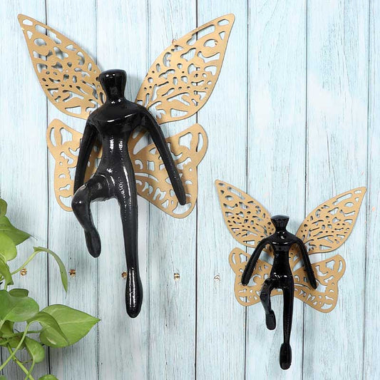 Angel With Wings Aluminium Wall Hanging | Set Of 2 Black