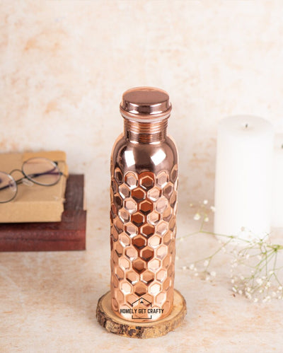 Glossy Finish Handcrafted Diamond Design Copper Water Bottle | 3 x 10 inches