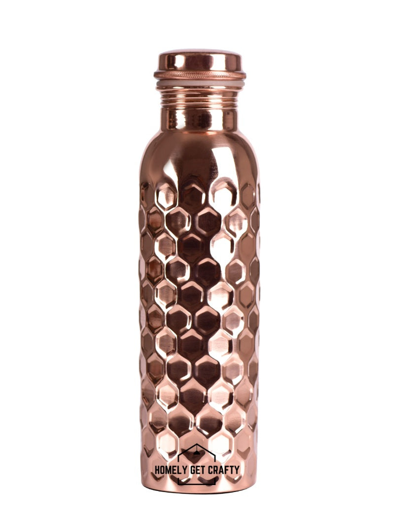 Glossy Finish Handcrafted Diamond Design Copper Water Bottle | 3 x 10 inches