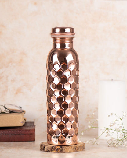 Glossy Finish Handcrafted Diamond Design Copper Water Bottle | 3 x 10 inches