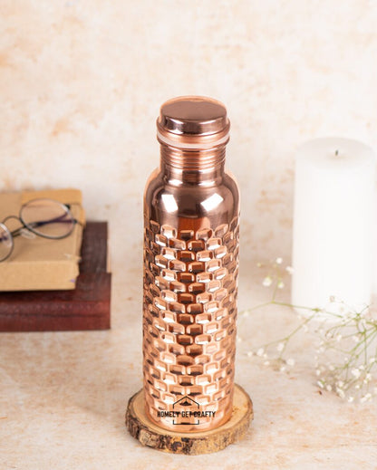 Handcrafted Brick Pattern Copper Water Bottle with Vacuum-Sealed Lid | 3 x 10 inches