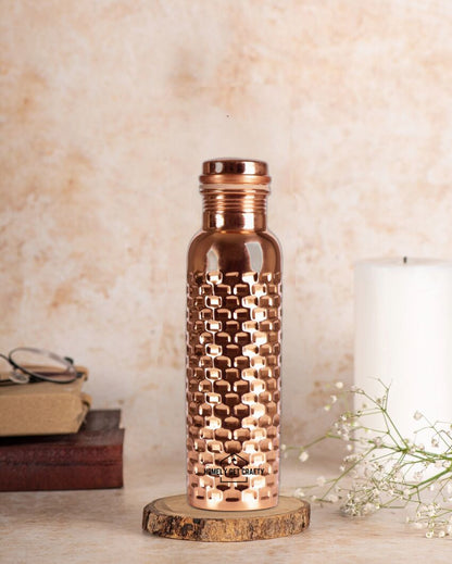 Handcrafted Brick Pattern Copper Water Bottle with Vacuum-Sealed Lid | 3 x 10 inches