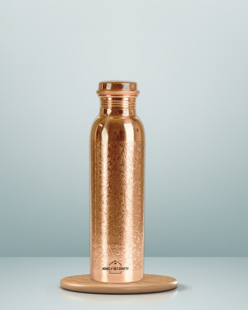 Exquisite Engraved Floral Pattern Copper Water Bottle | 3 x 10 inches