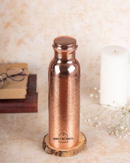 Exquisite Engraved Floral Pattern Copper Water Bottle | 3 x 10 inches