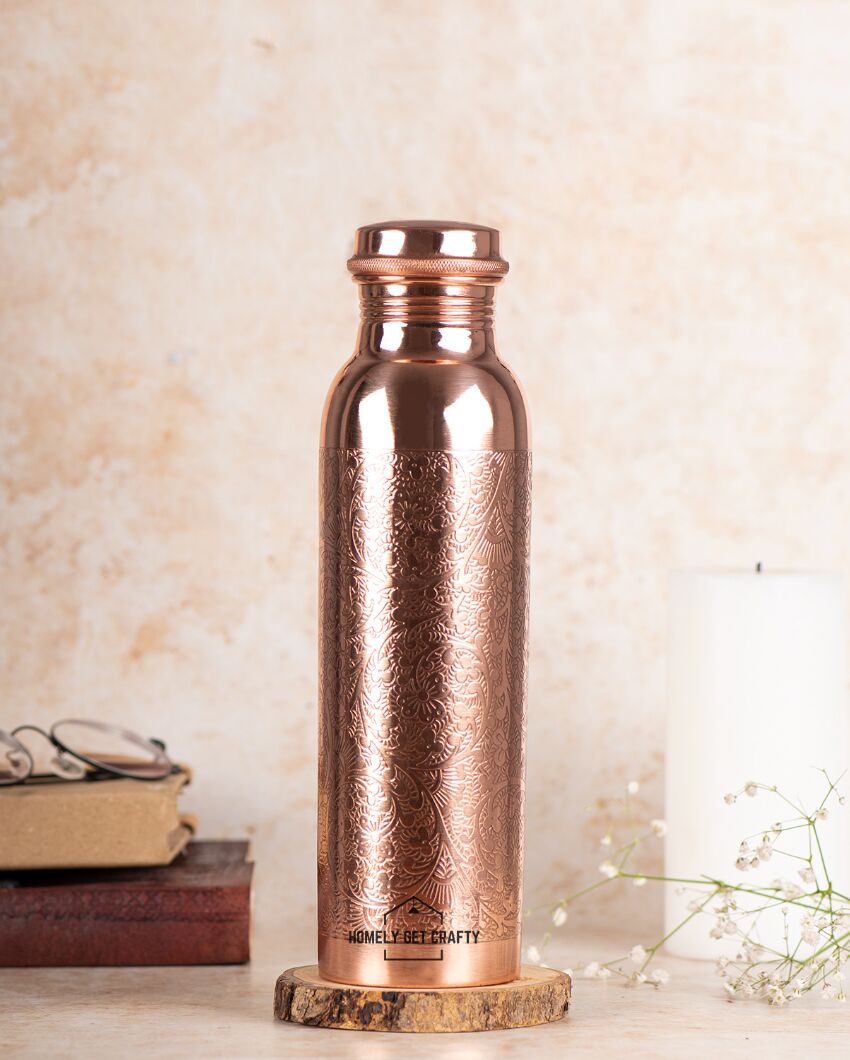 Exquisite Engraved Floral Pattern Copper Water Bottle | 3 x 10 inches