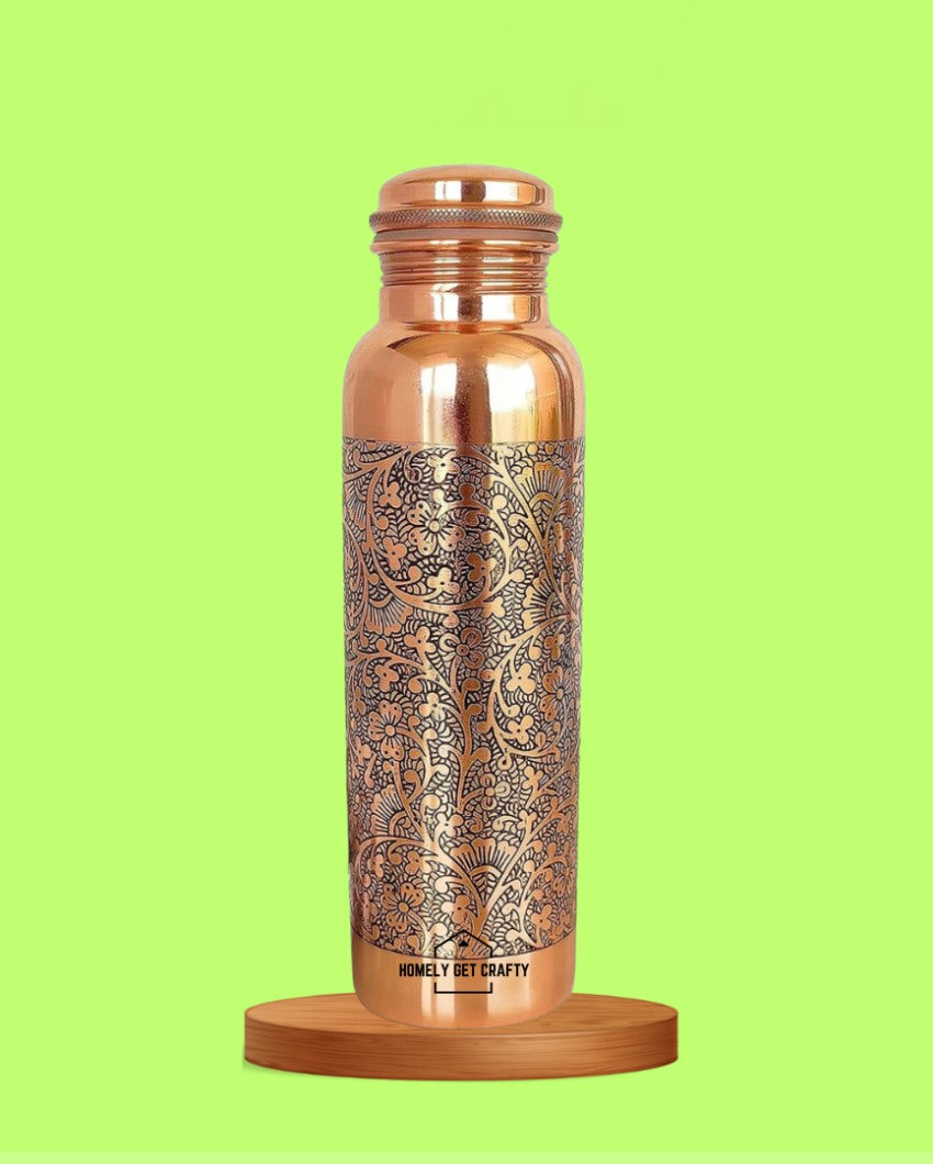 Glossy Finish Black Filled Design Handcrafted Engraved Copper Water Bottle | 3 x 10 inches