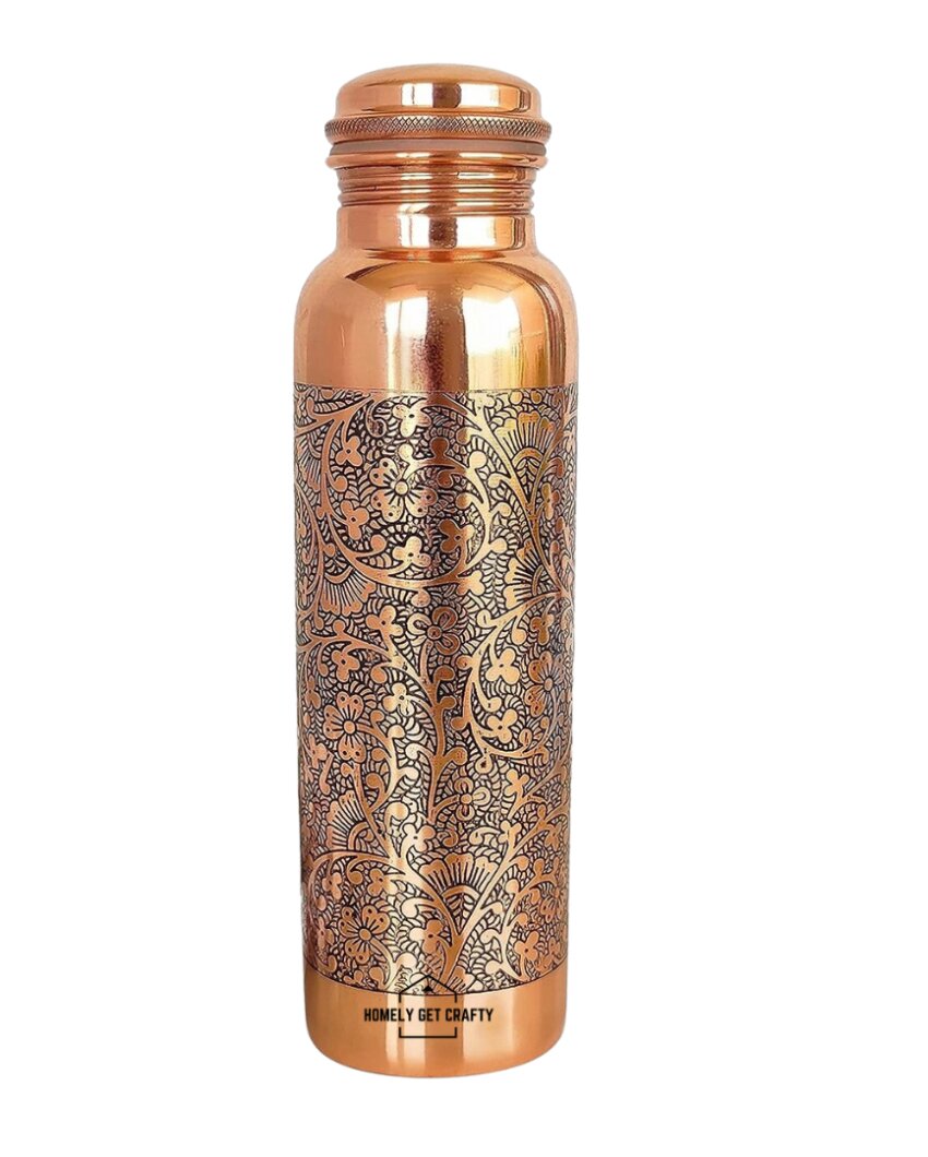 Glossy Finish Black Filled Design Handcrafted Engraved Copper Water Bottle | 3 x 10 inches