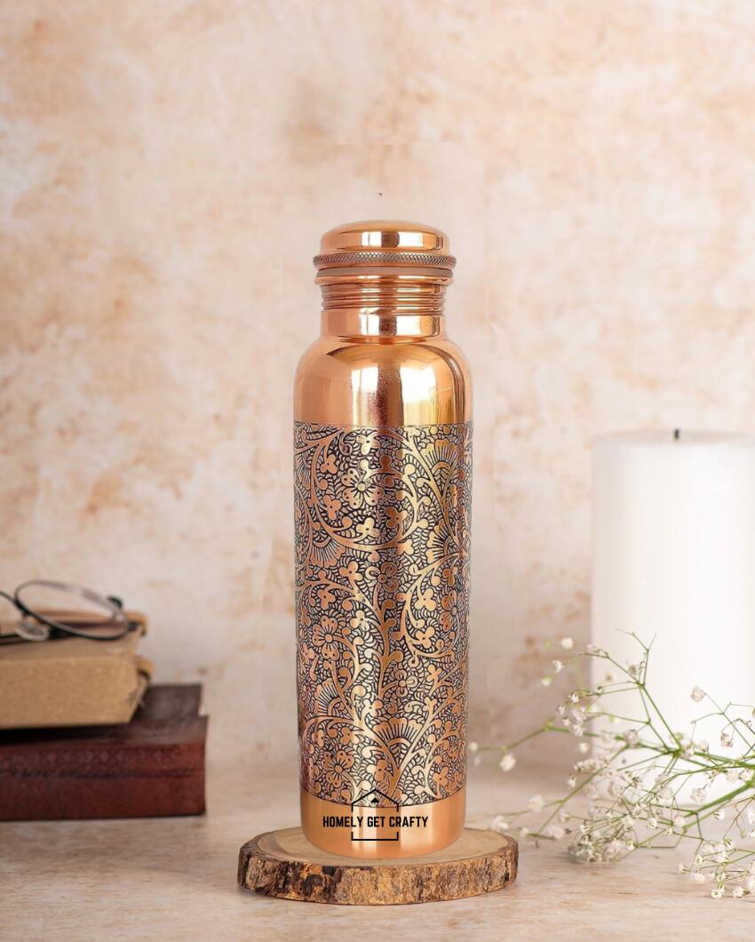 Glossy Finish Black Filled Design Handcrafted Engraved Copper Water Bottle | 3 x 10 inches