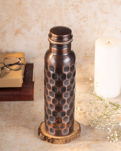 Exquisite Diamond Design Handcrafted Dark Copper Water Bottle | 3 x 10 inches