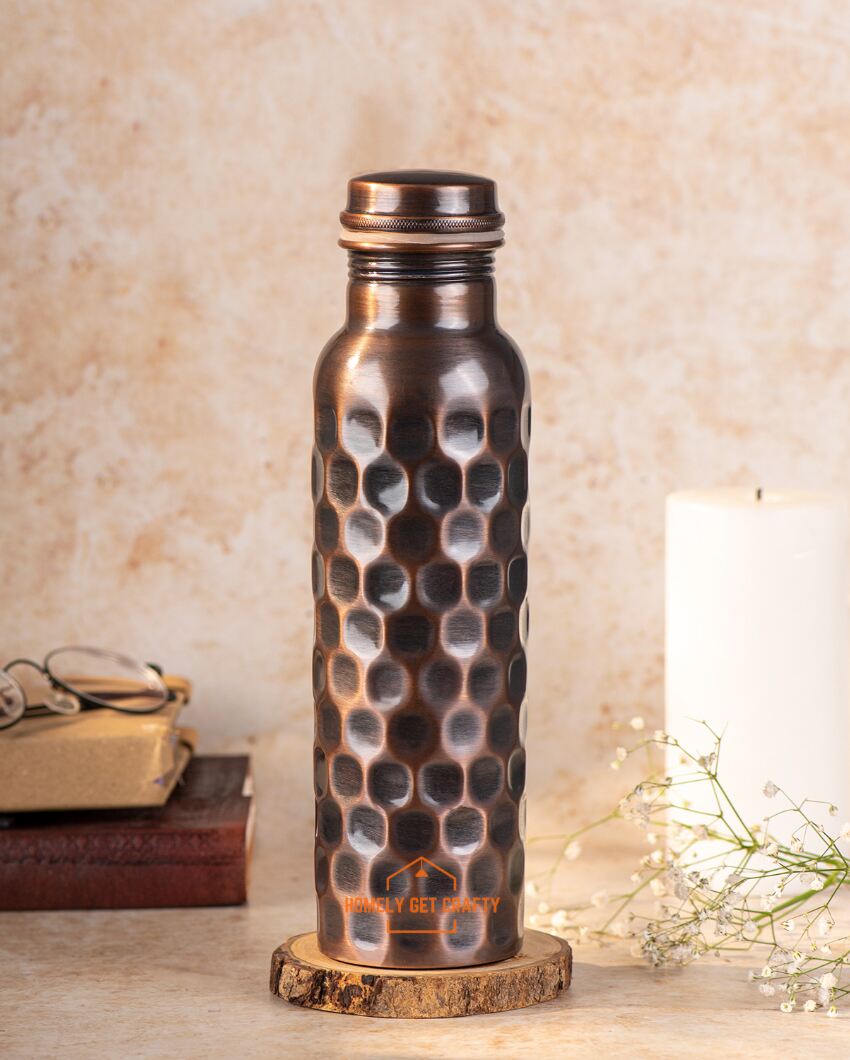 Exquisite Diamond Design Handcrafted Dark Copper Water Bottle | 3 x 10 inches