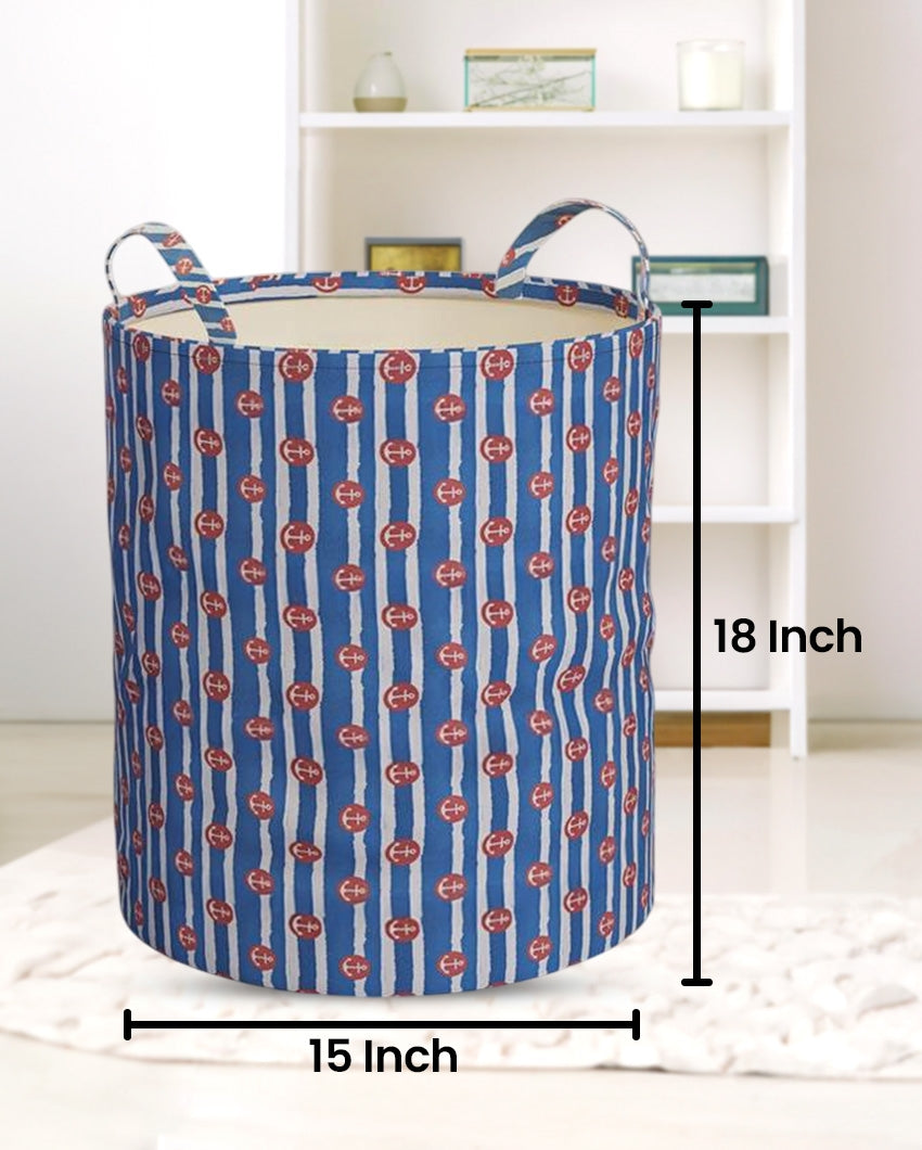 Elegant Blue Round Cotton Laundry Storage Basket | 15 x 18 inches | 50L