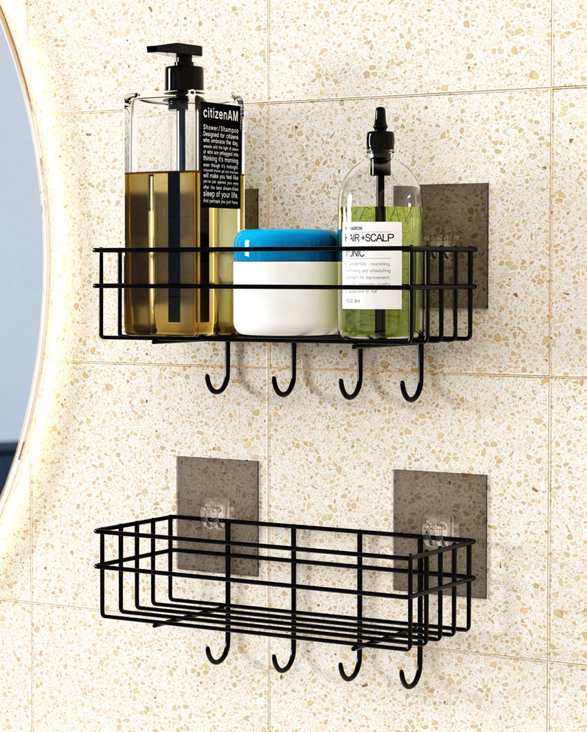 Versatile Bathroom Black Shelf Rack Organizer with Hooks | 11 x 4 x 5 inches