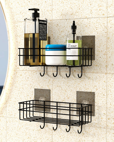 Versatile Bathroom Black Shelf Rack Organizer with Hooks | 11 x 4 x 5 inches