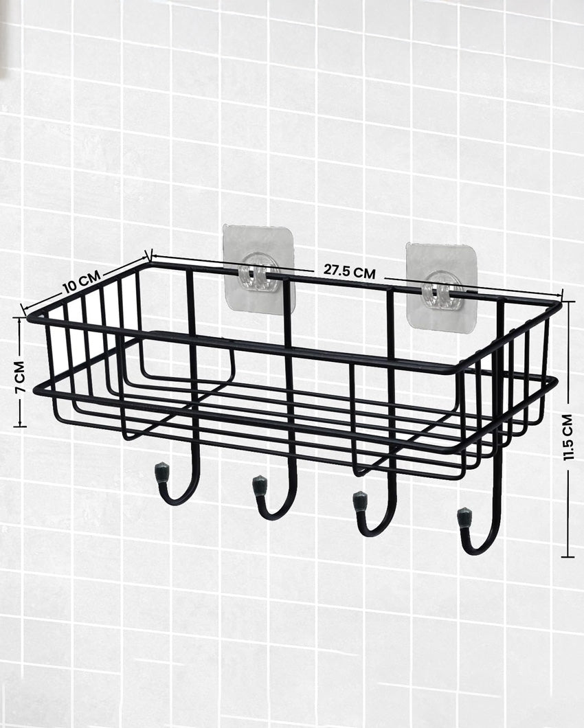 Versatile Bathroom Black Shelf Rack Organizer with Hooks | 11 x 4 x 5 inches