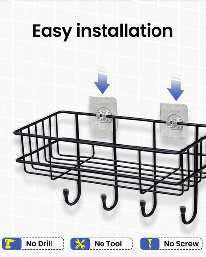 Versatile Bathroom Black Shelf Rack Organizer with Hooks | 11 x 4 x 5 inches