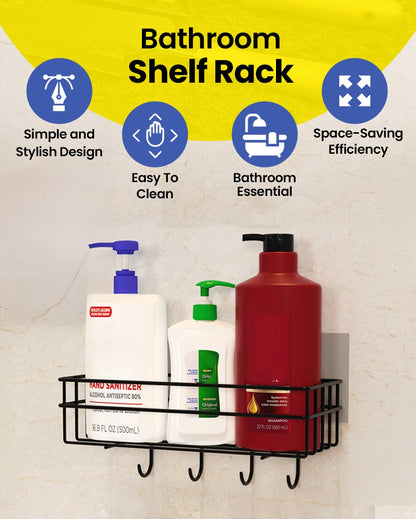 Versatile Bathroom Black Shelf Rack Organizer with Hooks | 11 x 4 x 5 inches