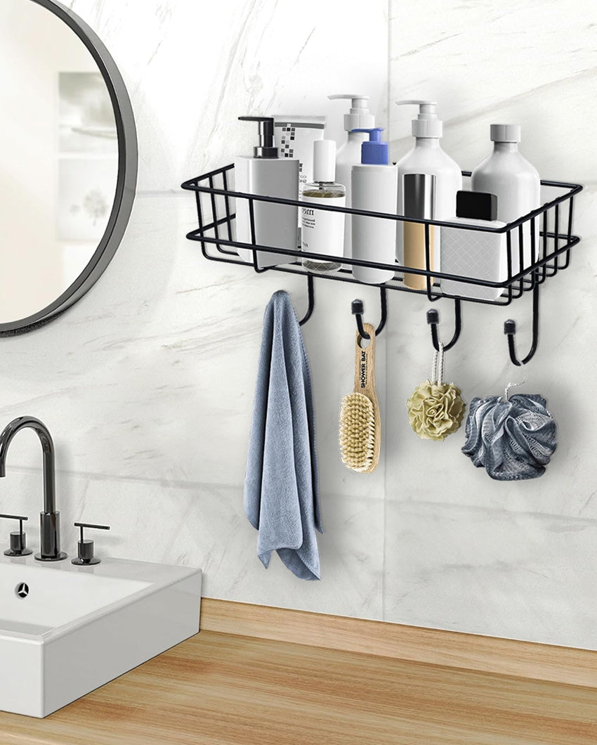 Versatile Bathroom Black Shelf Rack Organizer with Hooks | 11 x 4 x 5 inches