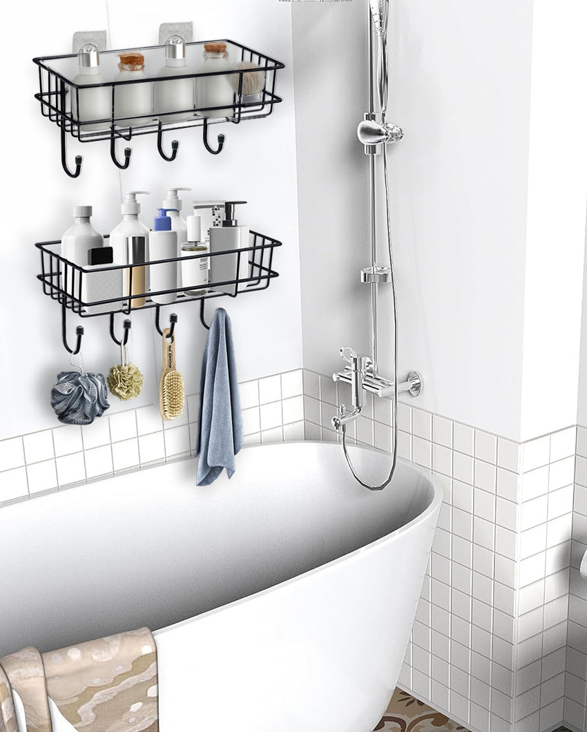 Versatile Bathroom Black Shelf Rack Organizer with Hooks | 11 x 4 x 5 inches