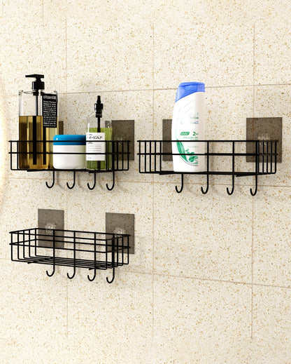 Versatile Bathroom Black Shelf Rack Organizer with Hooks | 11 x 4 x 5 inches