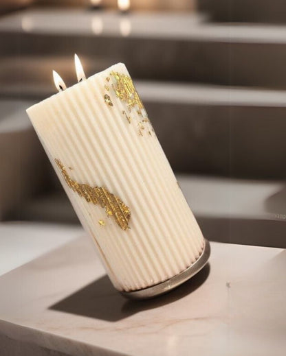 Elegant White Pillar Candle With Golden Flakes | 3 x 6 inches