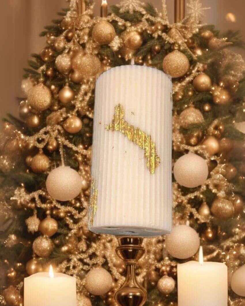 Elegant White Pillar Candle With Golden Flakes | 3 x 6 inches