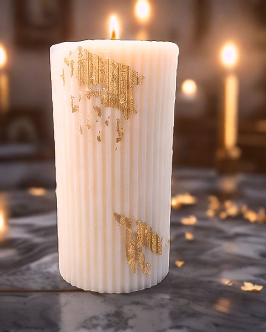 Elegant White Pillar Candle With Golden Flakes | 3 x 6 inches