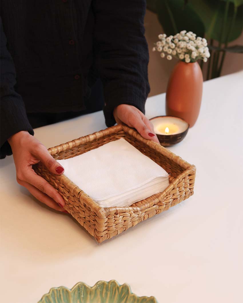 Modern Natural Water Hyacinth Napkin Holder | 7.5 x 7.5 x 2 inches