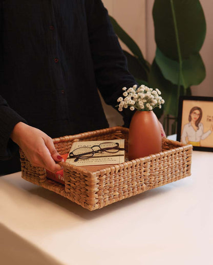 Rectangular Water Hyacinth Basket Tray | 13 x 10 x 3 inches