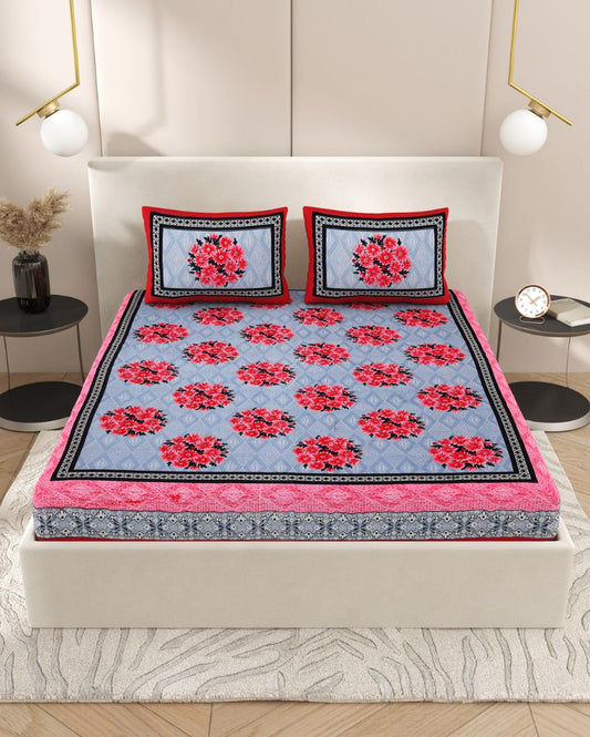 Graceful Jaipuri Hand Printed Cotton Bedding Set | Multiple Colors | Queen Size | 92 x 87 inches