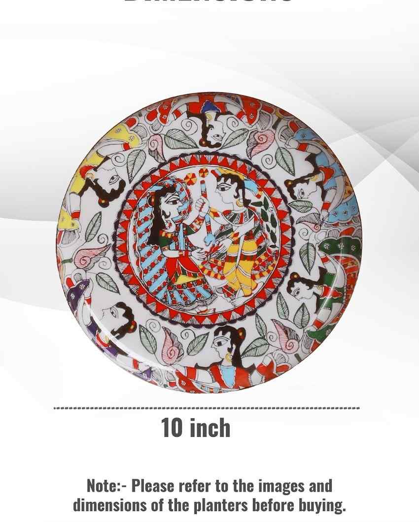 Radha Krishna Madhubani Metal Wall Art Plate | Dia 10 Inches