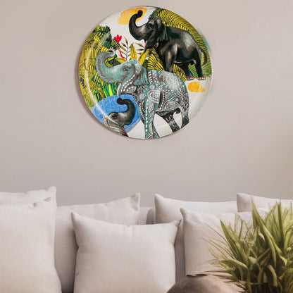 Beautiful Crafted Multicolor Shade Trio of Elephants Wall Plate | 10 inches