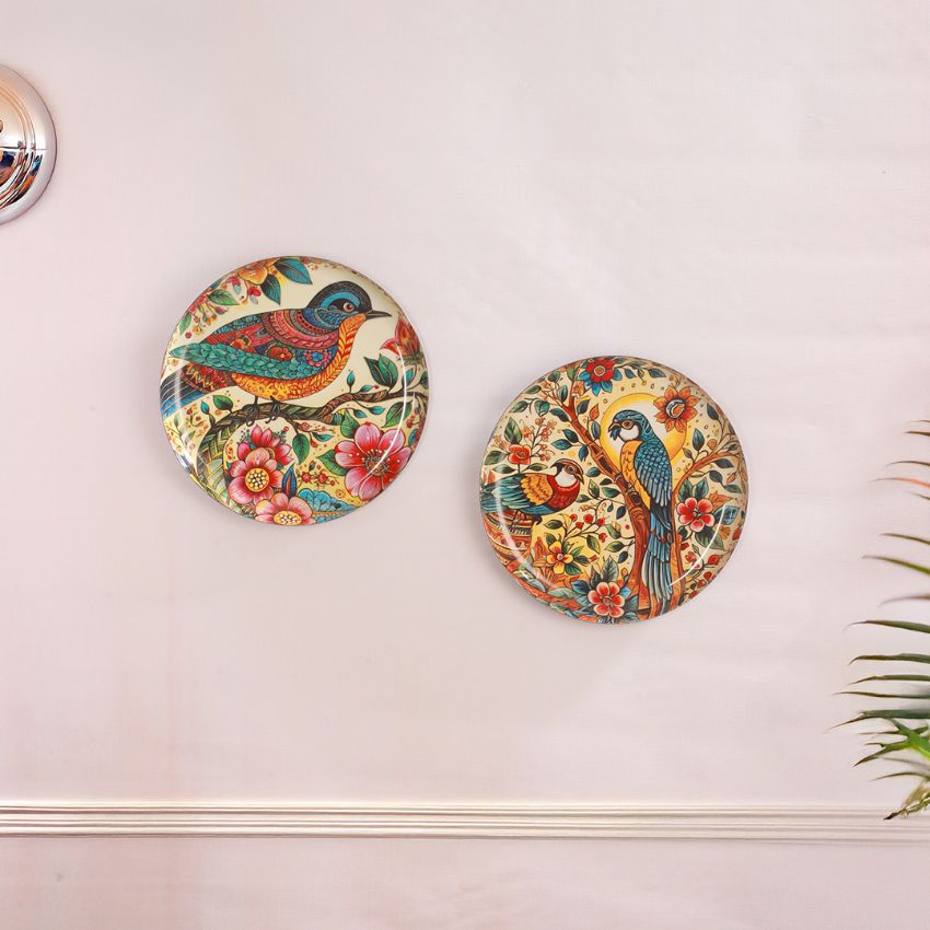 Beautiful Multicolor Design Feathered Friends Wall Plate | Set of 2 | 10 inches