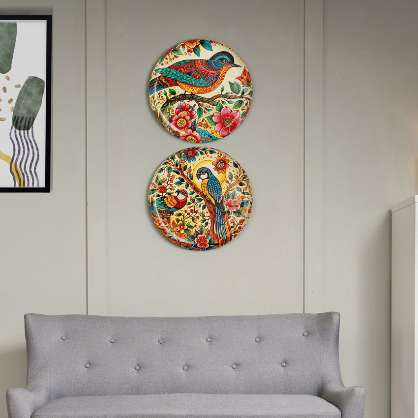 Beautiful Multicolor Design Feathered Friends Wall Plate | Set of 2 | 10 inches