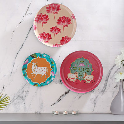 Beautiful Multicolor Design Ethereal Cow & Lotus Decor Plate | Pack of 3