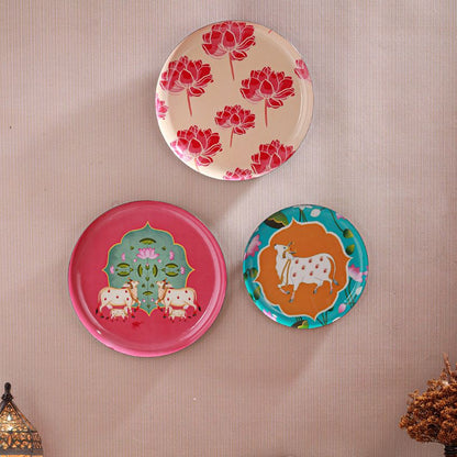 Beautiful Multicolor Design Ethereal Cow & Lotus Decor Plate | Pack of 3