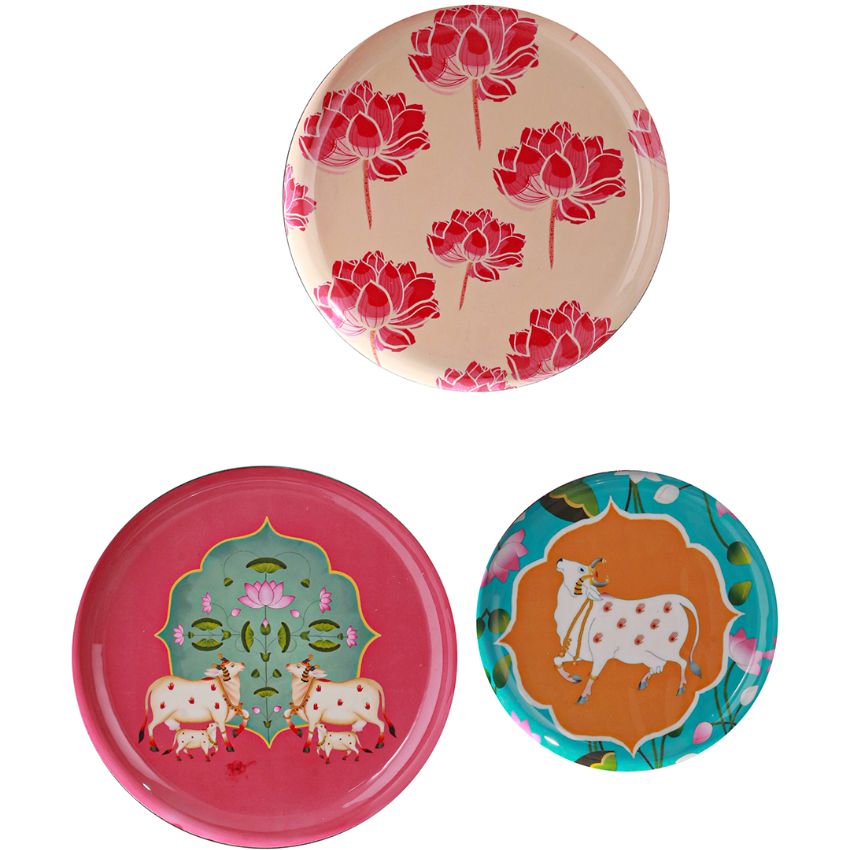 Beautiful Multicolor Design Ethereal Cow & Lotus Decor Plate | Pack of 3