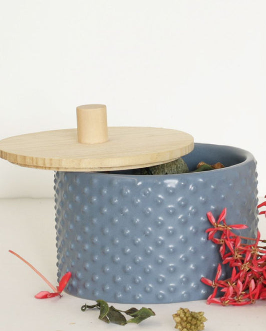 Ceramic Dotted Texture Jar With Wooden Lid