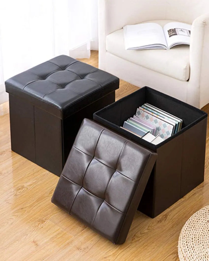 Wooden Pvc Leather Storage Stool Box Brown