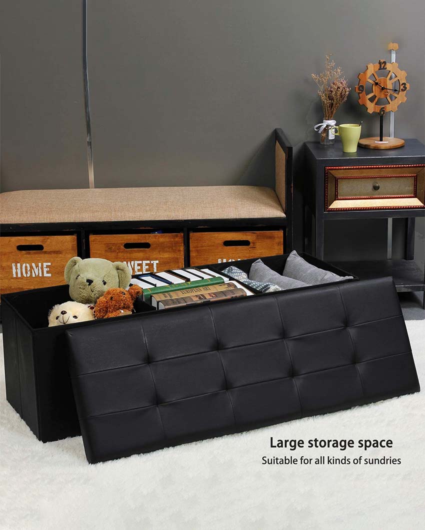 Classic PVC Leather Wooden Storage Stool Box Black