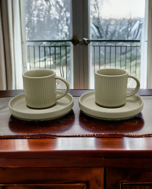 Ivory White Ceramic Cups & Saucers Set Of 2