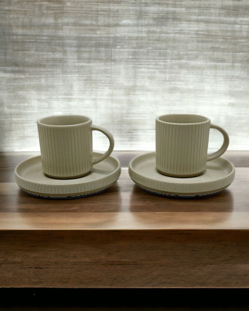 Ivory White Ceramic Cups & Saucers Set Of 2