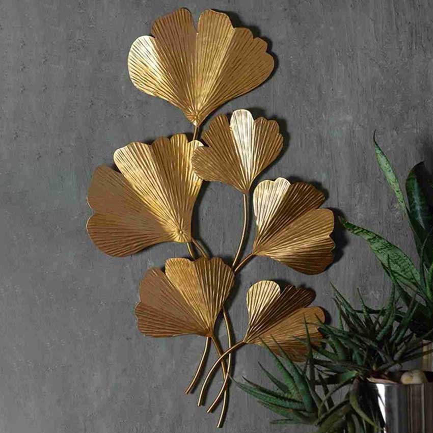 Gold Ginkgo Metal Leaves Unique Wall Art | 17 x 2 x 30 inches