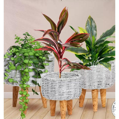 Jute Plant Stands With Wooden Legs & Metal Frame | Pack of 3