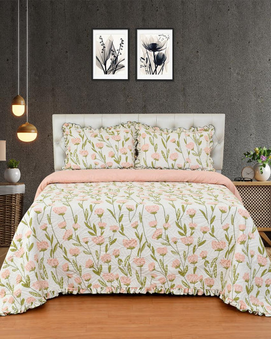 Off White Flower Printed Glace Cotton Bedcovers | Queen Size | 90 X 100 inches