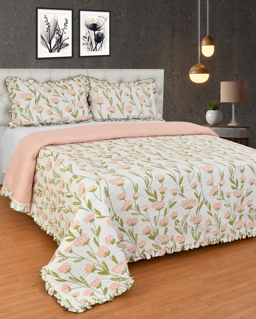 Off White Flower Printed Glace Cotton Bedcovers | Queen Size | 90 X 100 inches